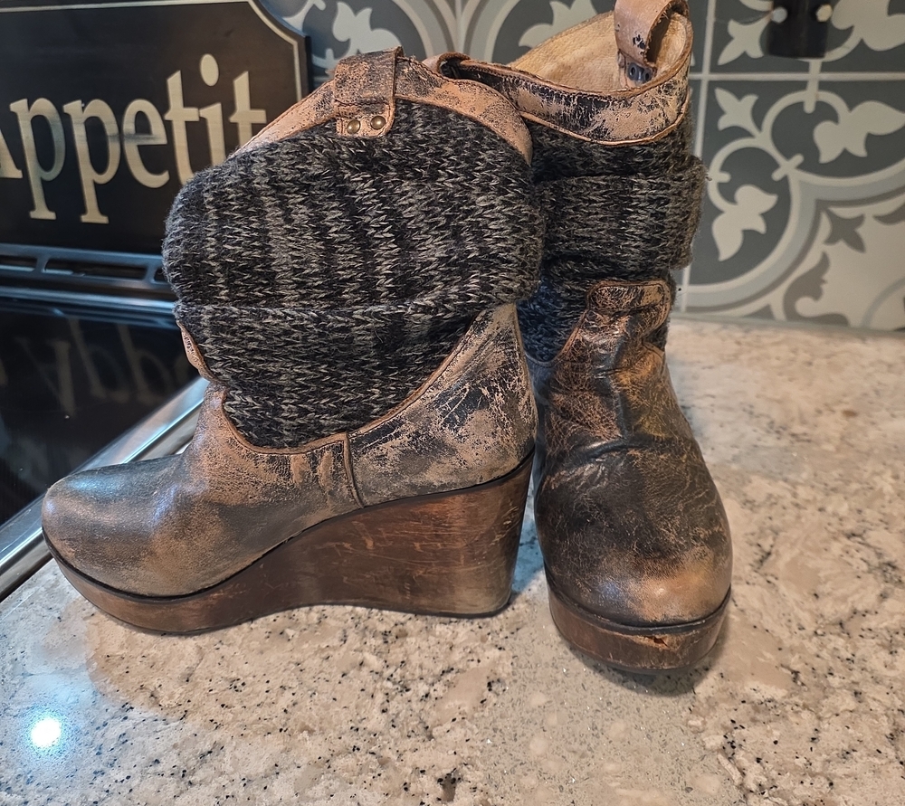 Bed Stu Brown Platform Wedge Boots with Black Knit Cuff